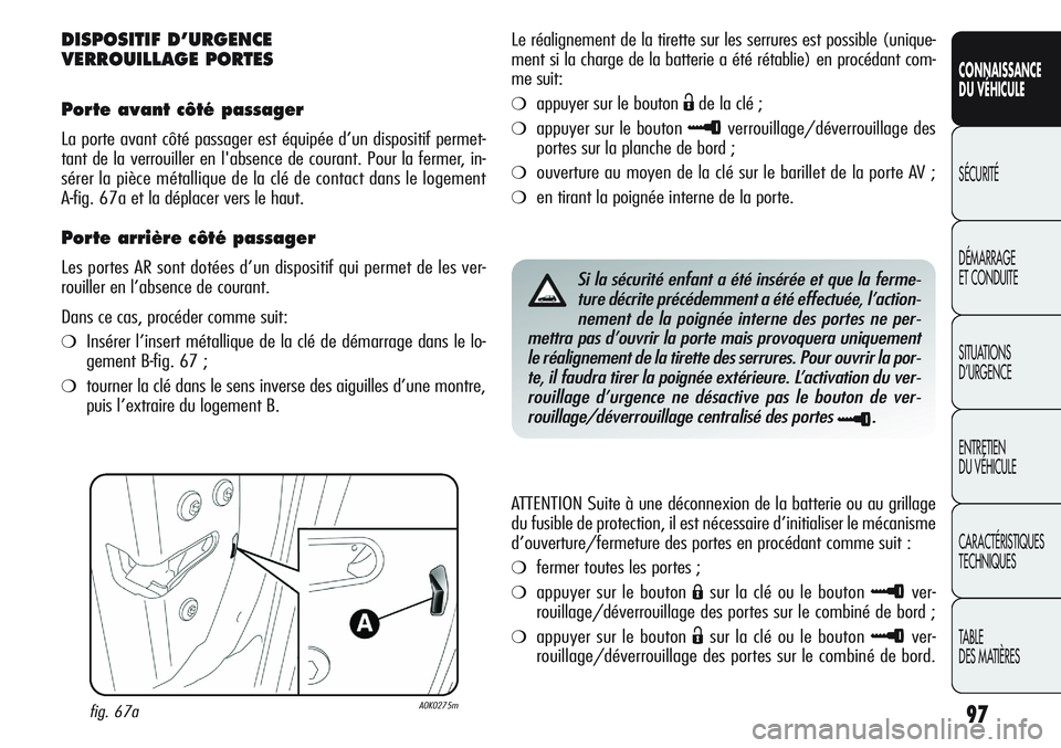 Alfa Romeo Giulietta 2011  Notice dentretien (in French) 97
CONNAISSANCE
DU VÉHICULE
SÉCURITÉ
DÉMARRAGE
ET CONDUITE
SITUATIONS 
D’URGENCE
ENTRETIEN
DU VÉHICULE
CARACTÉRISTIQUES
TECHNIQUES
TABLE
DES MATIÈRES
DISPOSITIF D’URGENCE 
VERROUILLAGE PORT