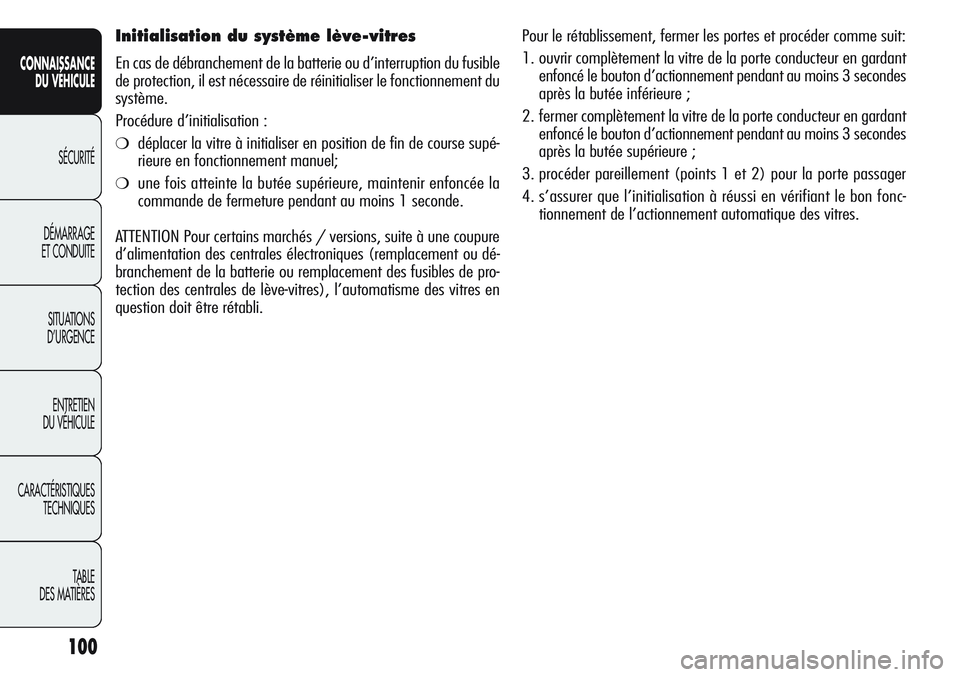 Alfa Romeo Giulietta 2012  Notice dentretien (in French) 100
CONNAISSANCE
DU VÉHICULE
SÉCURITÉ
DÉMARRAGE
ET CONDUITE
SITUATIONS 
D’URGENCE
ENTRETIEN
DU VÉHICULE
CARACTÉRISTIQUES
TECHNIQUES
TABLE
DES MATIÈRES
Initialisation du système lève-vitres
