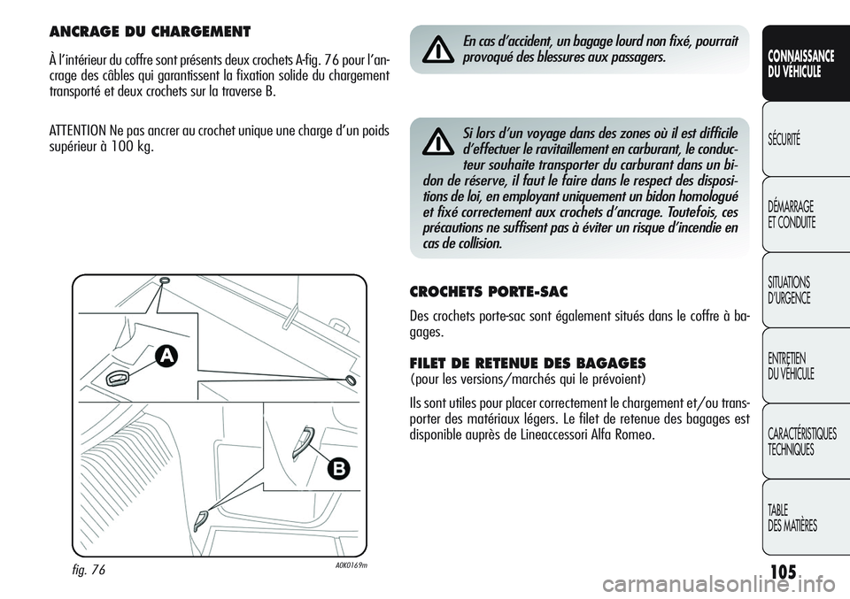Alfa Romeo Giulietta 2012  Notice dentretien (in French) 105
CONNAISSANCE
DU VÉHICULE
SÉCURITÉ
DÉMARRAGE
ET CONDUITE
SITUATIONS 
D’URGENCE
ENTRETIEN
DU VÉHICULE
CARACTÉRISTIQUES
TECHNIQUES
TABLE
DES MATIÈRES
En cas d’accident, un bagage lourd non