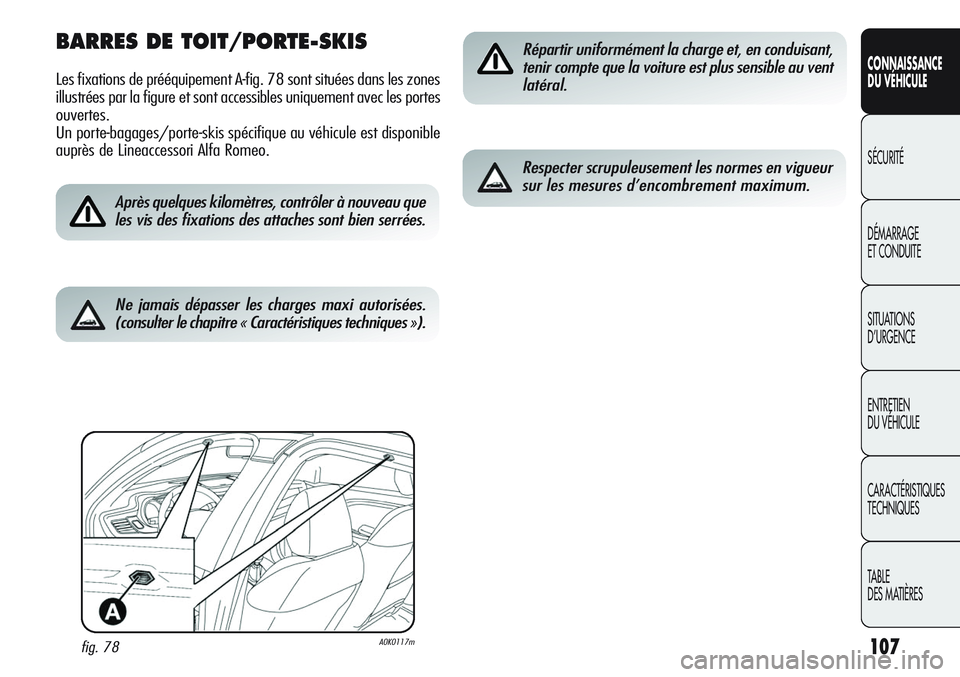 Alfa Romeo Giulietta 2012  Notice dentretien (in French) 107
CONNAISSANCE
DU VÉHICULE
SÉCURITÉ
DÉMARRAGE
ET CONDUITE
SITUATIONS 
D’URGENCE
ENTRETIEN
DU VÉHICULE
CARACTÉRISTIQUES
TECHNIQUES
TABLE
DES MATIÈRES
BARRES DE TOIT/PORTE-SKIS
Les fixations 