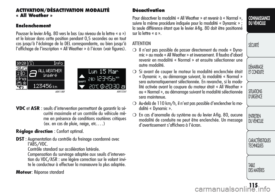 Alfa Romeo Giulietta 2012  Notice dentretien (in French) 115
CONNAISSANCE
DU VÉHICULE
SÉCURITÉ
DÉMARRAGE
ET CONDUITE
SITUATIONS 
D’URGENCE
ENTRETIEN
DU VÉHICULE
CARACTÉRISTIQUES
TECHNIQUES
TABLE
DES MATIÈRES
ACTIVATION/DÉSACTIVATION MODALITÉ 
« 