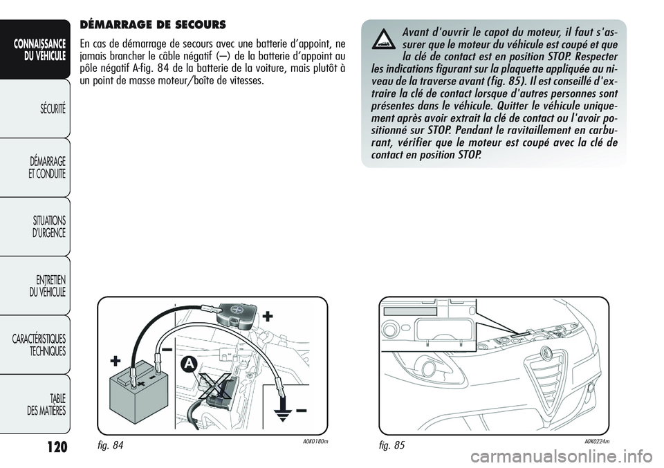 Alfa Romeo Giulietta 2012 Notice dentretien (in French) 120
CONNAISSANCE
DU VÉHICULE
SÉCURITÉ
DÉMARRAGE
ET CONDUITE
SITUATIONS
D’URGENCE
ENTRETIEN
DU VÉHICULE
CARACTÉRISTIQUES
TECHNIQUES
TABLE
DES MATIÈRES
DÉMARRAGE DE SECOURS
En cas de démarr Alfa Romeo Giulietta 2012 Notice dentretien (in French) 120
CONNAISSANCE
DU VÉHICULE
SÉCURITÉ
DÉMARRAGE
ET CONDUITE
SITUATIONS
D’URGENCE
ENTRETIEN
DU VÉHICULE
CARACTÉRISTIQUES
TECHNIQUES
TABLE
DES MATIÈRES
DÉMARRAGE DE SECOURS
En cas de démarr