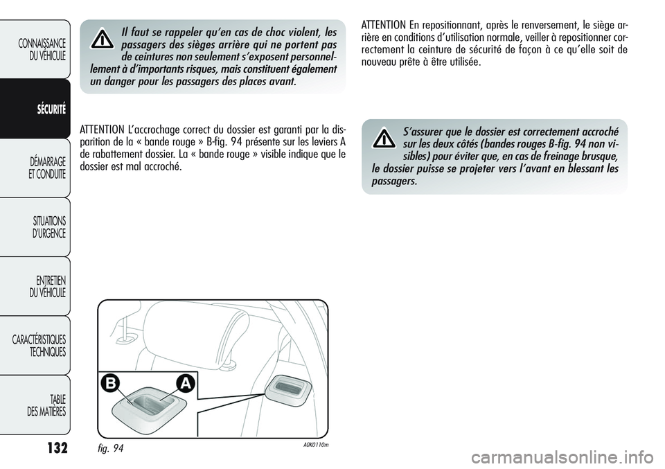 Alfa Romeo Giulietta 2012  Notice dentretien (in French) 132
CONNAISSANCE
DU VÉHICULE
SÉCURITÉ
DÉMARRAGE
ET CONDUITE
SITUATIONS 
D’URGENCE
ENTRETIEN
DU VÉHICULE
CARACTÉRISTIQUES
TECHNIQUES
TABLE
DES MATIÈRES
Il faut se rappeler qu’en cas de choc 