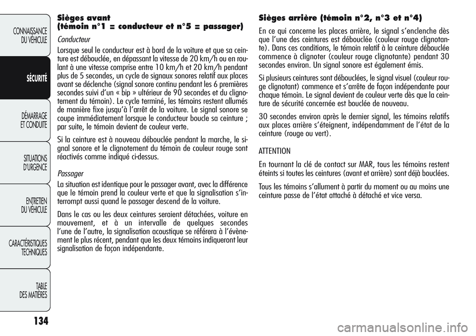 Alfa Romeo Giulietta 2012  Notice dentretien (in French) 134
CONNAISSANCE
DU VÉHICULE
SÉCURITÉ
DÉMARRAGE
ET CONDUITE
SITUATIONS 
D’URGENCE
ENTRETIEN
DU VÉHICULE
CARACTÉRISTIQUES
TECHNIQUES
TABLE
DES MATIÈRES
Sièges avant 
(témoin n°1 = conducteu