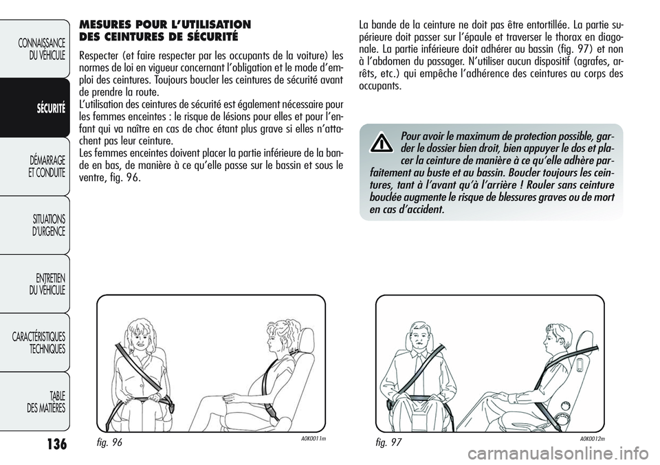Alfa Romeo Giulietta 2012  Notice dentretien (in French) 136
CONNAISSANCE
DU VÉHICULE
SÉCURITÉ
DÉMARRAGE
ET CONDUITE
SITUATIONS 
D’URGENCE
ENTRETIEN
DU VÉHICULE
CARACTÉRISTIQUES
TECHNIQUES
TABLE
DES MATIÈRES
La bande de la ceinture ne doit pas êtr