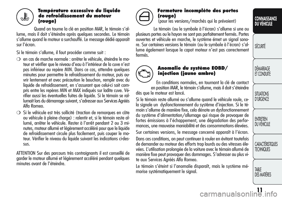 Alfa Romeo Giulietta 2011  Notice dentretien (in French) 11
CONNAISSANCE
DU VÉHICULE
SÉCURITÉ
DÉMARRAGE
ET CONDUITE
SITUATIONS 
D’URGENCE
ENTRETIEN
DU VÉHICULE
CARACTÉRISTIQUES
TECHNIQUES
TABLE
DES MATIÈRES
Température excessive du liquide 
de ref