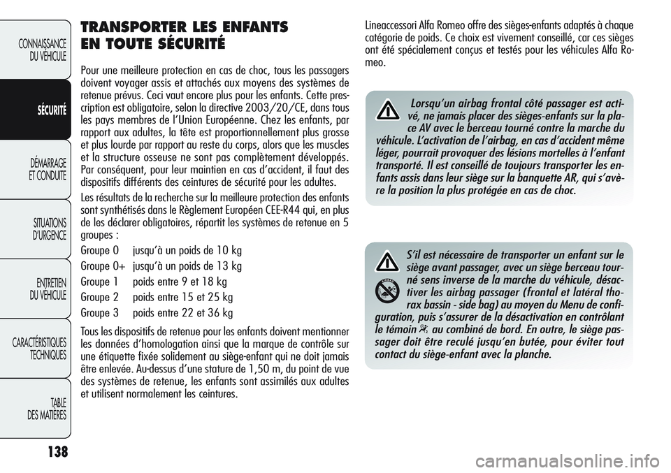 Alfa Romeo Giulietta 2012  Notice dentretien (in French) 138
CONNAISSANCE
DU VÉHICULE
SÉCURITÉ
DÉMARRAGE
ET CONDUITE
SITUATIONS 
D’URGENCE
ENTRETIEN
DU VÉHICULE
CARACTÉRISTIQUES
TECHNIQUES
TABLE
DES MATIÈRES
TRANSPORTER LES ENFANTS 
EN TOUTE SÉCUR