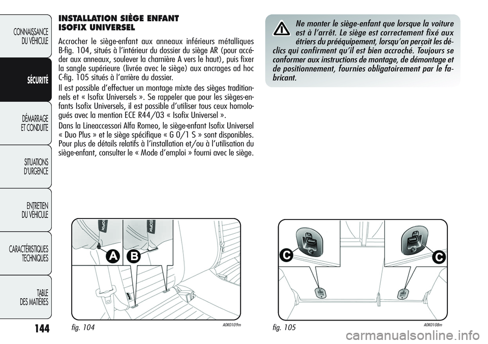 Alfa Romeo Giulietta 2012  Notice dentretien (in French) 144
CONNAISSANCE
DU VÉHICULE
SÉCURITÉ
DÉMARRAGE
ET CONDUITE
SITUATIONS 
D’URGENCE
ENTRETIEN
DU VÉHICULE
CARACTÉRISTIQUES
TECHNIQUES
TABLE
DES MATIÈRES
INSTALLATION SIÈGE ENFANT 
ISOFIX UNIVE