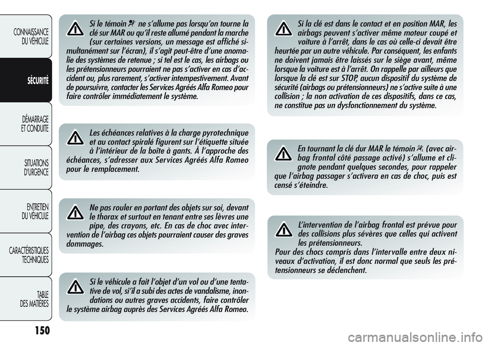 Alfa Romeo Giulietta 2012  Notice dentretien (in French) 150
CONNAISSANCE
DU VÉHICULE
SÉCURITÉ
DÉMARRAGE
ET CONDUITE
SITUATIONS 
D’URGENCE
ENTRETIEN
DU VÉHICULE
CARACTÉRISTIQUES
TECHNIQUES
TABLE
DES MATIÈRES
Si le témoin ¬ne s’allume pas lorsqu
