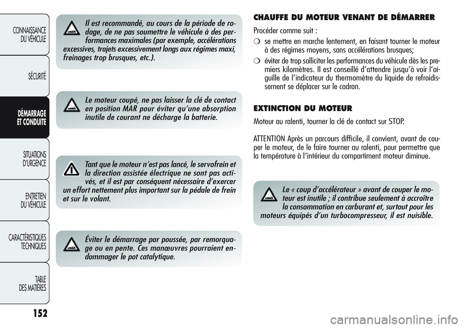 Alfa Romeo Giulietta 2012  Notice dentretien (in French) 152
CONNAISSANCE
DU VÉHICULE
SÉCURITÉ
DÉMARRAGE
ET CONDUITE
SITUATIONS 
D’URGENCE
ENTRETIEN
DU VÉHICULE
CARACTÉRISTIQUES
TECHNIQUES
TABLE
DES MATIÈRES
Il est recommandé, au cours de la péri