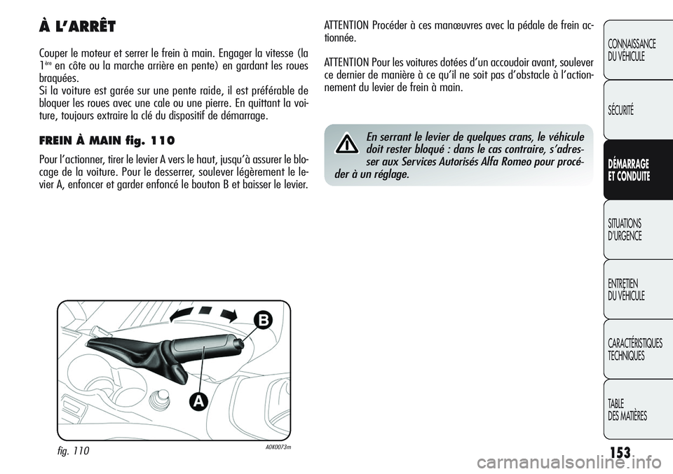 Alfa Romeo Giulietta 2012  Notice dentretien (in French) 153
CONNAISSANCE
DU VÉHICULE
SÉCURITÉ
DÉMARRAGE
ET CONDUITE
SITUATIONS 
D’URGENCE
ENTRETIEN
DU VÉHICULE
CARACTÉRISTIQUES
TECHNIQUES
TABLE
DES MATIÈRES
ATTENTION Procéder à ces manœuvres av