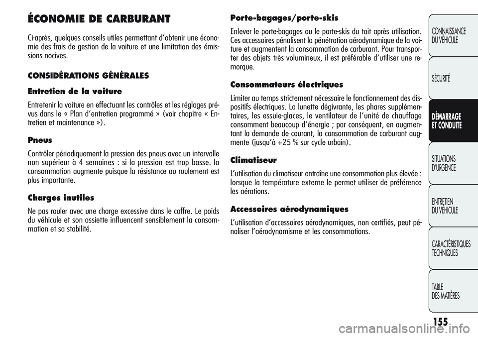 Alfa Romeo Giulietta 2012  Notice dentretien (in French) 155
CONNAISSANCE
DU VÉHICULE
SÉCURITÉ
DÉMARRAGE
ET CONDUITE
SITUATIONS 
D’URGENCE
ENTRETIEN
DU VÉHICULE
CARACTÉRISTIQUES
TECHNIQUES
TABLE
DES MATIÈRES
ÉCONOMIE DE CARBURANT
Ci-après, quelqu