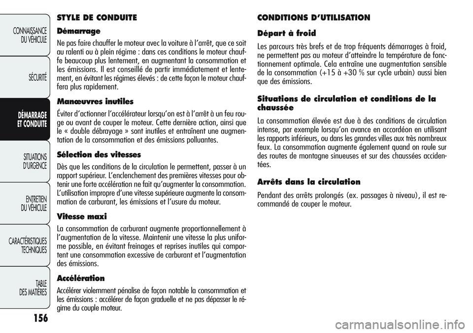 Alfa Romeo Giulietta 2012  Notice dentretien (in French) 156
CONNAISSANCE
DU VÉHICULE
SÉCURITÉ
DÉMARRAGE
ET CONDUITE
SITUATIONS 
D’URGENCE
ENTRETIEN
DU VÉHICULE
CARACTÉRISTIQUES
TECHNIQUES
TABLE
DES MATIÈRES
STYLE DE CONDUITE
Démarrage
Ne pas fair
