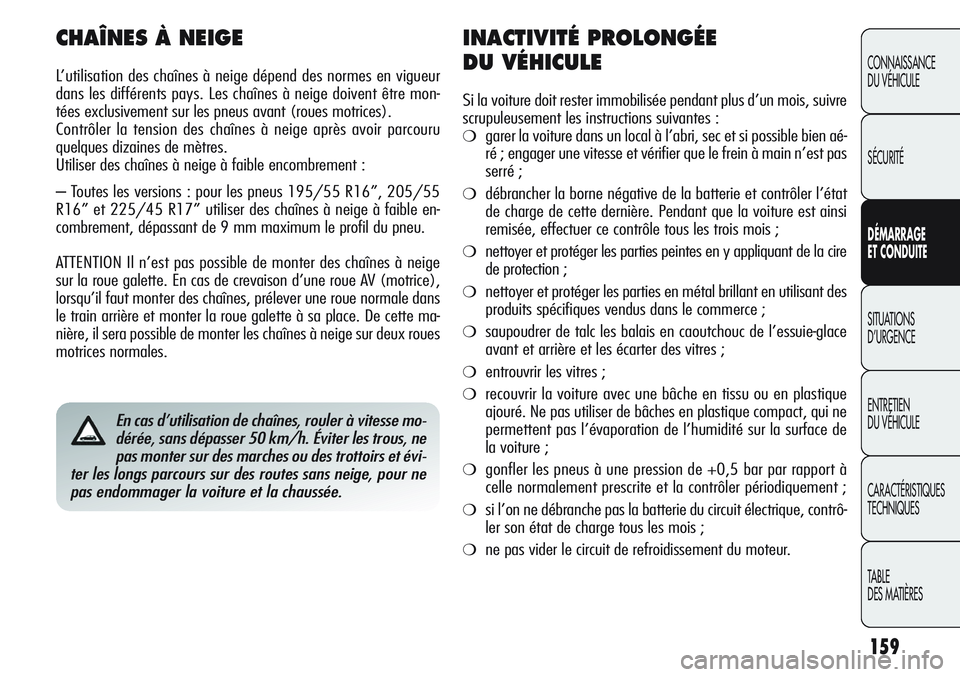 Alfa Romeo Giulietta 2012  Notice dentretien (in French) 159
CONNAISSANCE
DU VÉHICULE
SÉCURITÉ
DÉMARRAGE
ET CONDUITE
SITUATIONS 
D’URGENCE
ENTRETIEN
DU VÉHICULE
CARACTÉRISTIQUES
TECHNIQUES
TABLE
DES MATIÈRES
En cas d’utilisation de chaînes, roul