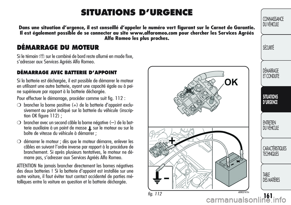 Alfa Romeo Giulietta 2012  Notice dentretien (in French) 161
CONNAISSANCE
DU VÉHICULE
SÉCURITÉ
DÉMARRAGE
ET CONDUITE
SITUATIONS 
D’URGENCE
ENTRETIEN
DU VÉHICULE
CARACTÉRISTIQUES
TECHNIQUES
TABLE
DES MATIÈRES
SITUATIONS D’URGENCE
Dans une situatio