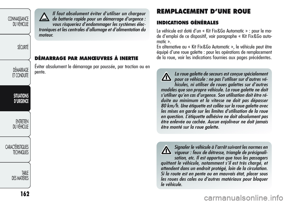 Alfa Romeo Giulietta 2012  Notice dentretien (in French) 162
CONNAISSANCE
DU VÉHICULE
SÉCURITÉ
DÉMARRAGE
ET CONDUITE
SITUATIONS 
D’URGENCE
ENTRETIEN
DU VÉHICULE
CARACTÉRISTIQUES
TECHNIQUES
TABLE
DES MATIÈRES
La roue galette de secours est conçue s