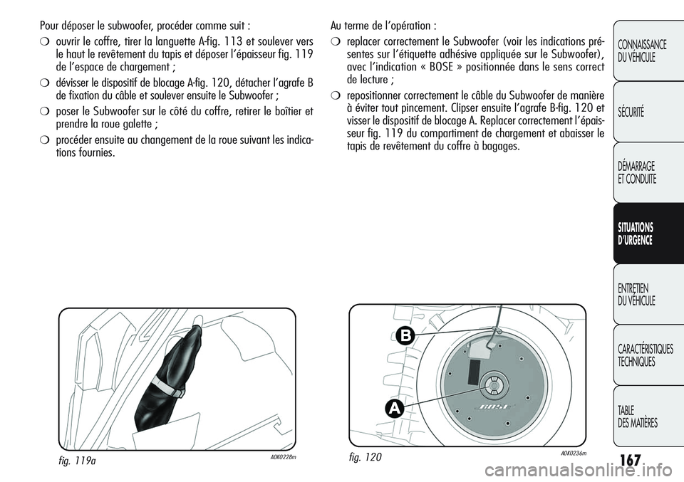 Alfa Romeo Giulietta 2012  Notice dentretien (in French) 167
CONNAISSANCE
DU VÉHICULE
SÉCURITÉ
DÉMARRAGE
ET CONDUITE
SITUATIONS 
D’URGENCE
ENTRETIEN
DU VÉHICULE
CARACTÉRISTIQUES
TECHNIQUES
TABLE
DES MATIÈRES
Au terme de l’opération :
❍replacer