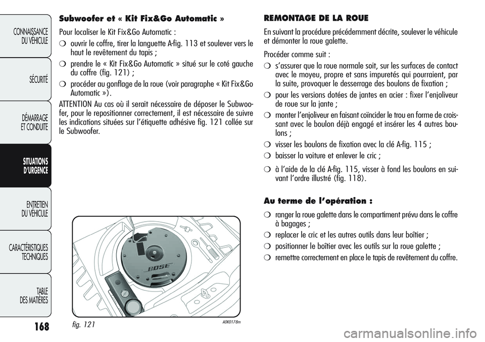 Alfa Romeo Giulietta 2012  Notice dentretien (in French) 168
CONNAISSANCE
DU VÉHICULE
SÉCURITÉ
DÉMARRAGE
ET CONDUITE
SITUATIONS 
D’URGENCE
ENTRETIEN
DU VÉHICULE
CARACTÉRISTIQUES
TECHNIQUES
TABLE
DES MATIÈRES
REMONTAGE DE LA ROUE 
En suivant la proc