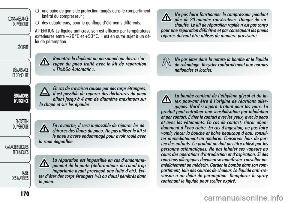 Alfa Romeo Giulietta 2012  Notice dentretien (in French) 170
CONNAISSANCE
DU VÉHICULE
SÉCURITÉ
DÉMARRAGE
ET CONDUITE
SITUATIONS 
D’URGENCE
ENTRETIEN
DU VÉHICULE
CARACTÉRISTIQUES
TECHNIQUES
TABLE
DES MATIÈRESEn revanche, il sera impossible de répar