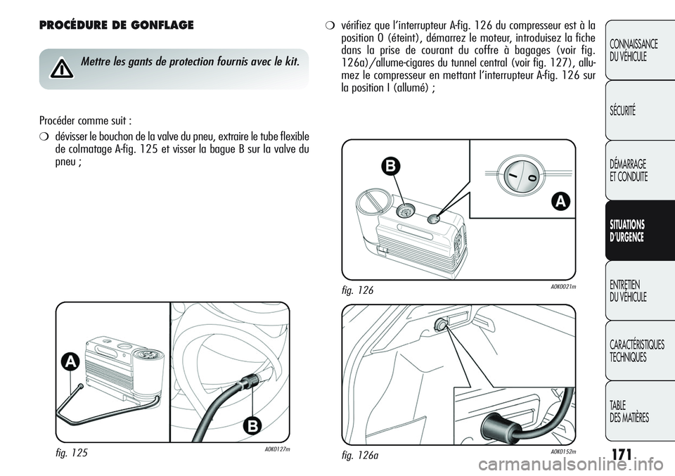 Alfa Romeo Giulietta 2012  Notice dentretien (in French) 171
CONNAISSANCE
DU VÉHICULE
SÉCURITÉ
DÉMARRAGE
ET CONDUITE
SITUATIONS 
D’URGENCE
ENTRETIEN
DU VÉHICULE
CARACTÉRISTIQUES
TECHNIQUES
TABLE
DES MATIÈRES
PROCÉDURE DE GONFLAGE
Mettre les gants 