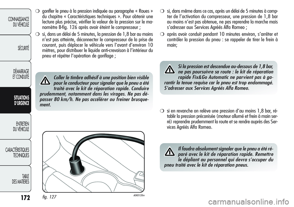 Alfa Romeo Giulietta 2012  Notice dentretien (in French) 172
CONNAISSANCE
DU VÉHICULE
SÉCURITÉ
DÉMARRAGE
ET CONDUITE
SITUATIONS 
D’URGENCE
ENTRETIEN
DU VÉHICULE
CARACTÉRISTIQUES
TECHNIQUES
TABLE
DES MATIÈRES
❍gonfler le pneu à la pression indiqu