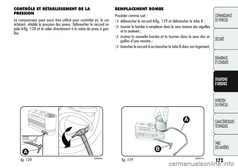 Alfa Romeo Giulietta 2012  Notice dentretien (in French) 173
CONNAISSANCE
DU VÉHICULE
SÉCURITÉ
DÉMARRAGE
ET CONDUITE
SITUATIONS 
D’URGENCE
ENTRETIEN
DU VÉHICULE
CARACTÉRISTIQUES
TECHNIQUES
TABLE
DES MATIÈRES
fig. 128A0K0086m
A
CONTRÔLE ET RÉTABLI