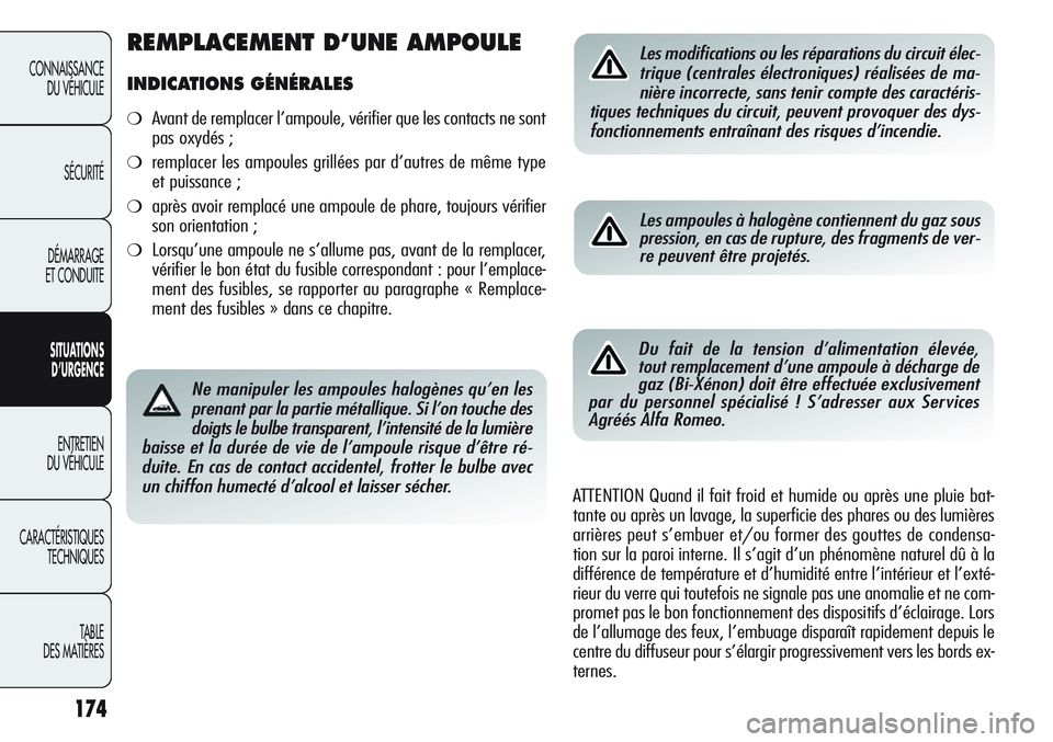 Alfa Romeo Giulietta 2012  Notice dentretien (in French) 174
CONNAISSANCE
DU VÉHICULE
SÉCURITÉ
DÉMARRAGE
ET CONDUITE
SITUATIONS 
D’URGENCE
ENTRETIEN
DU VÉHICULE
CARACTÉRISTIQUES
TECHNIQUES
TABLE
DES MATIÈRES
Ne manipuler les ampoules halogènes qu