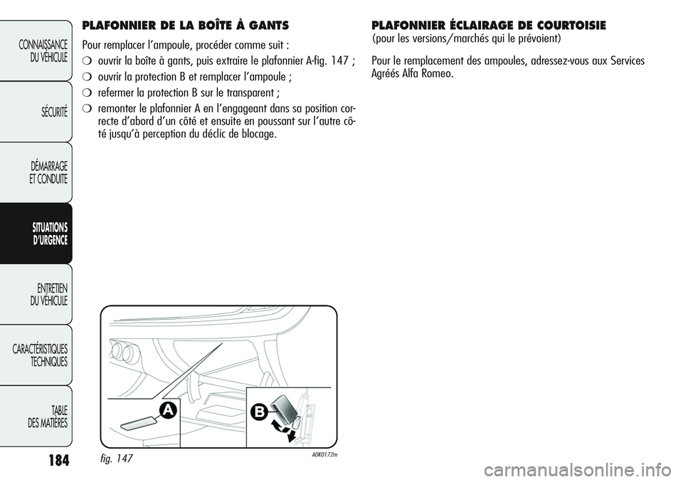 Alfa Romeo Giulietta 2012  Notice dentretien (in French) 184
CONNAISSANCE
DU VÉHICULE
SÉCURITÉ
DÉMARRAGE
ET CONDUITE
SITUATIONS 
D’URGENCE
ENTRETIEN
DU VÉHICULE
CARACTÉRISTIQUES
TECHNIQUES
TABLE
DES MATIÈRES
PLAFONNIER DE LA BOÎTE À GANTS
Pour re
