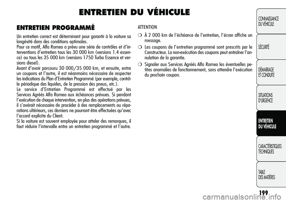 Alfa Romeo Giulietta 2012  Notice dentretien (in French) 199
CONNAISSANCE
DU VÉHICULE
SÉCURITÉ
DÉMARRAGE
ET CONDUITE
SITUATIONS 
D’URGENCE
ENTRETIEN
DU VÉHICULE
CARACTÉRISTIQUES
TECHNIQUES
TABLE
DES MATIÈRES
ENTRETIEN DU VÉHICULE
ATTENTION 
❍À 
