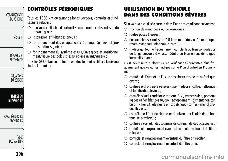 Alfa Romeo Giulietta 2012  Notice dentretien (in French) 206
CONNAISSANCE
DU VÉHICULE
SÉCURITÉ
DÉMARRAGE
ET CONDUITE
SITUATIONS 
D’URGENCE
ENTRETIEN
DU VÉHICULE
CARACTÉRISTIQUES
TECHNIQUES
TABLE
DES MATIÈRES
CONTRÔLES PÉRIODIQUES
Tous les 1000 km