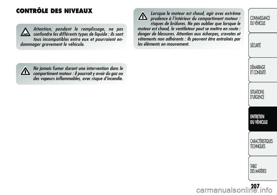 Alfa Romeo Giulietta 2012  Notice dentretien (in French) 207
CONNAISSANCE
DU VÉHICULE
SÉCURITÉ
DÉMARRAGE
ET CONDUITE
SITUATIONS 
D’URGENCE
ENTRETIEN
DU VÉHICULE
CARACTÉRISTIQUES
TECHNIQUES
TABLE
DES MATIÈRES
CONTRÔLE DES NIVEAUX
Attention, pendant