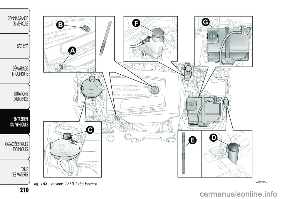 Alfa Romeo Giulietta 2012  Notice dentretien (in French) 210
CONNAISSANCE
DU VÉHICULE
SÉCURITÉ
DÉMARRAGE
ET CONDUITE
SITUATIONS 
D’URGENCE
ENTRETIEN
DU VÉHICULE
CARACTÉRISTIQUES
TECHNIQUES
TABLE
DES MATIÈRES
A0K0337mfig. 163 - versions 1750 Turbo E
