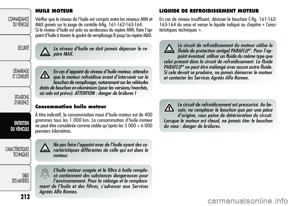 Alfa Romeo Giulietta 2012  Notice dentretien (in French) HUILE MOTEUR 
Vérifier que le niveau de l’huile est compris entre les niveaux MIN et
MAX gravés sur la jauge de contrôle A-fig. 161-162-163-164.
Si le niveau d’huile est près ou au-dessous du 