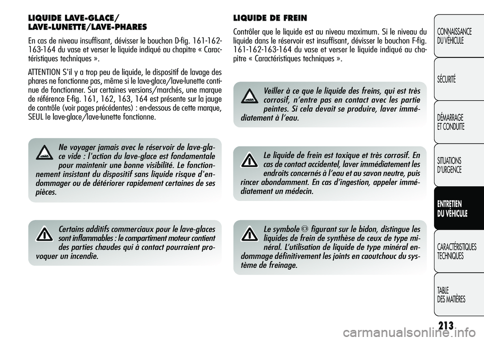 Alfa Romeo Giulietta 2012  Notice dentretien (in French) 213
CONNAISSANCE
DU VÉHICULE
SÉCURITÉ
DÉMARRAGE
ET CONDUITE
SITUATIONS 
D’URGENCE
ENTRETIEN
DU VÉHICULE
CARACTÉRISTIQUES
TECHNIQUES
TABLE
DES MATIÈRES
LIQUIDE DE FREIN
Contrôler que le liqui