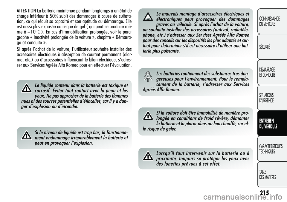 Alfa Romeo Giulietta 2012  Notice dentretien (in French) 215
CONNAISSANCE
DU VÉHICULE
SÉCURITÉ
DÉMARRAGE
ET CONDUITE
SITUATIONS 
D’URGENCE
ENTRETIEN
DU VÉHICULE
CARACTÉRISTIQUES
TECHNIQUES
TABLE
DES MATIÈRES
ATTENTION La batterie maintenue pendant 