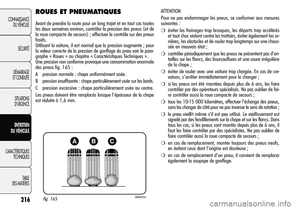 Alfa Romeo Giulietta 2012  Notice dentretien (in French) 216
CONNAISSANCE
DU VÉHICULE
SÉCURITÉ
DÉMARRAGE
ET CONDUITE
SITUATIONS 
D’URGENCE
ENTRETIEN
DU VÉHICULE
CARACTÉRISTIQUES
TECHNIQUES
TABLE
DES MATIÈRES
ROUES ET PNEUMATIQUES
Avant de prendre l
