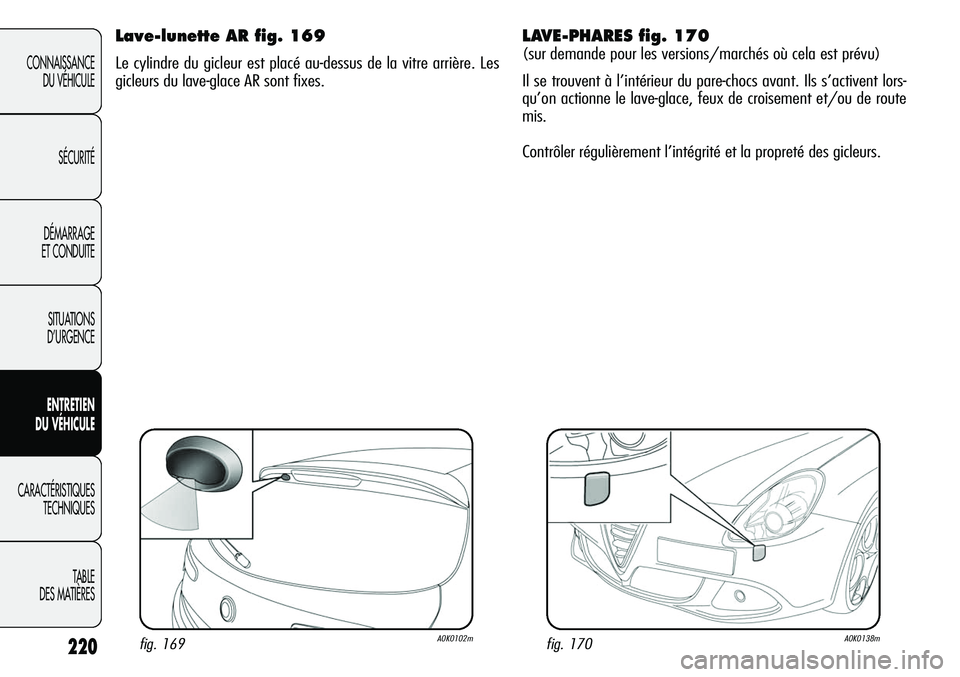Alfa Romeo Giulietta 2012  Notice dentretien (in French) 220
CONNAISSANCE
DU VÉHICULE
SÉCURITÉ
DÉMARRAGE
ET CONDUITE
SITUATIONS 
D’URGENCE
ENTRETIEN
DU VÉHICULE
CARACTÉRISTIQUES
TECHNIQUES
TABLE
DES MATIÈRES
LAVE-PHARES fig. 170
(sur demande pour l