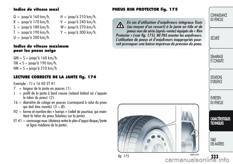 Alfa Romeo Giulietta 2012  Notice dentretien (in French) 233
CONNAISSANCE
DU VÉHICULE
SÉCURITÉ
DÉMARRAGE
ET CONDUITE
SITUATIONS 
D’URGENCE
ENTRETIEN
DU VÉHICULE
CARACTÉRISTIQUES
TECHNIQUES
TABLE
DES MATIÈRES
Indice de vitesse maxi
Q = jusqu’à 16