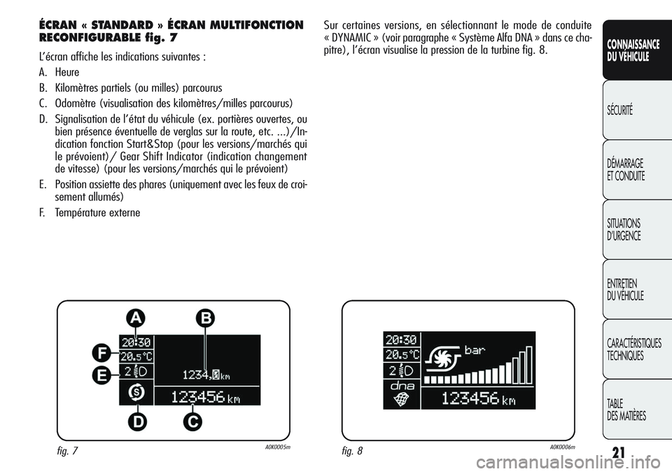 Alfa Romeo Giulietta 2012 Notice dentretien (in French) 21
CONNAISSANCE
DU VÉHICULE
SÉCURITÉ
DÉMARRAGE
ET CONDUITE
SITUATIONS
D’URGENCE
ENTRETIEN
DU VÉHICULE
CARACTÉRISTIQUES
TECHNIQUES
TABLE
DES MATIÈRES
ÉCRAN « STANDARD » ÉCRAN MULTIFONCTIO Alfa Romeo Giulietta 2012 Notice dentretien (in French) 21
CONNAISSANCE
DU VÉHICULE
SÉCURITÉ
DÉMARRAGE
ET CONDUITE
SITUATIONS
D’URGENCE
ENTRETIEN
DU VÉHICULE
CARACTÉRISTIQUES
TECHNIQUES
TABLE
DES MATIÈRES
ÉCRAN « STANDARD » ÉCRAN MULTIFONCTIO
