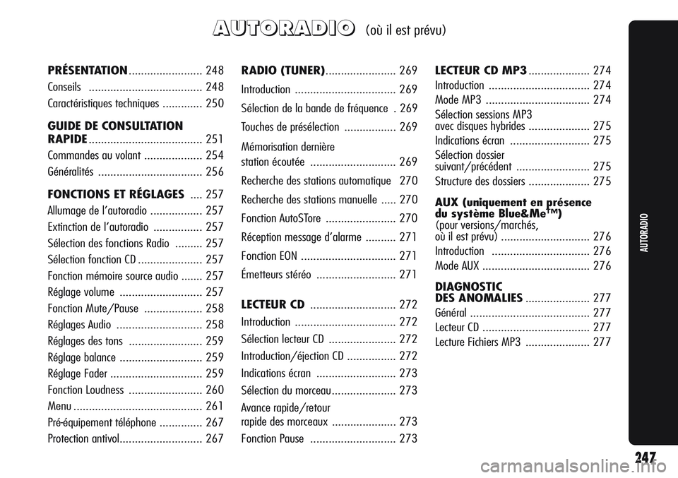 Alfa Romeo Giulietta 2012  Notice dentretien (in French) A A
U U
T T
O O
R R
A A
D D
I I
O O(où il est prévu)
RADIO (TUNER)....................... 269
Introduction................................. 269
Sélection de la bande de fréquence  . 269
Touches de