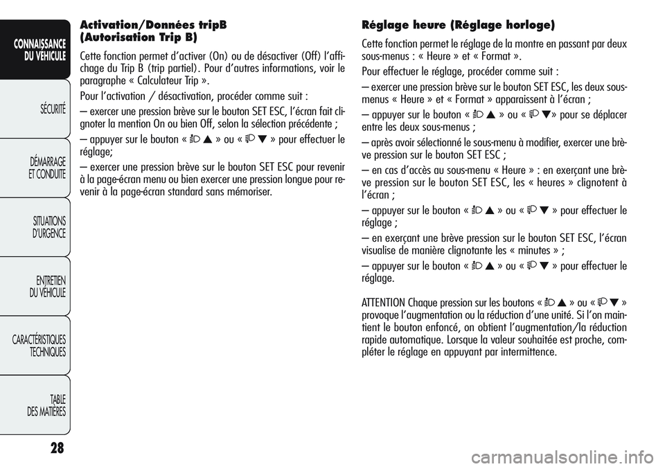 Alfa Romeo Giulietta 2012 Notice dentretien (in French) 28
CONNAISSANCE
DU VÉHICULE
SÉCURITÉ
DÉMARRAGE
ET CONDUITE
SITUATIONS
D’URGENCE
ENTRETIEN
DU VÉHICULE
CARACTÉRISTIQUES
TECHNIQUES
TABLE
DES MATIÈRES
Activation/Données tripB
(Autorisation Alfa Romeo Giulietta 2012 Notice dentretien (in French) 28
CONNAISSANCE
DU VÉHICULE
SÉCURITÉ
DÉMARRAGE
ET CONDUITE
SITUATIONS
D’URGENCE
ENTRETIEN
DU VÉHICULE
CARACTÉRISTIQUES
TECHNIQUES
TABLE
DES MATIÈRES
Activation/Données tripB
(Autorisation