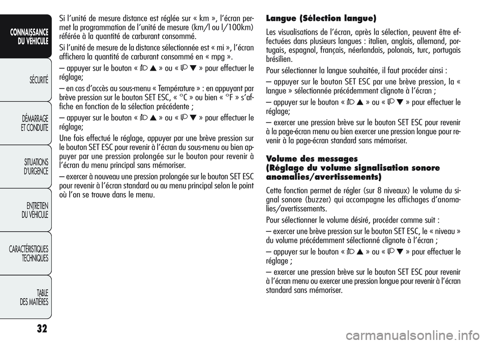 Alfa Romeo Giulietta 2012 Notice dentretien (in French) 32
CONNAISSANCE
DU VÉHICULE
SÉCURITÉ
DÉMARRAGE
ET CONDUITE
SITUATIONS
D’URGENCE
ENTRETIEN
DU VÉHICULE
CARACTÉRISTIQUES
TECHNIQUES
TABLE
DES MATIÈRES
Si l’unité de mesure distance est rég Alfa Romeo Giulietta 2012 Notice dentretien (in French) 32
CONNAISSANCE
DU VÉHICULE
SÉCURITÉ
DÉMARRAGE
ET CONDUITE
SITUATIONS
D’URGENCE
ENTRETIEN
DU VÉHICULE
CARACTÉRISTIQUES
TECHNIQUES
TABLE
DES MATIÈRES
Si l’unité de mesure distance est rég