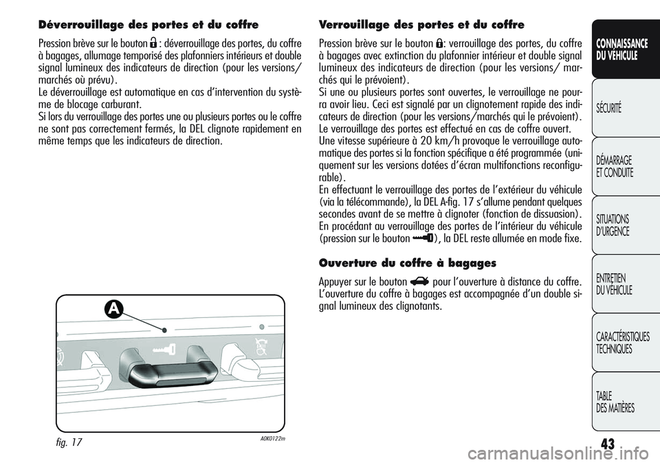 Alfa Romeo Giulietta 2012 Notice dentretien (in French) 43
CONNAISSANCE
DU VÉHICULE
SÉCURITÉ
DÉMARRAGE
ET CONDUITE
SITUATIONS
D’URGENCE
ENTRETIEN
DU VÉHICULE
CARACTÉRISTIQUES
TECHNIQUES
TABLE
DES MATIÈRES
Déverrouillage des portes et du coffre
P Alfa Romeo Giulietta 2012 Notice dentretien (in French) 43
CONNAISSANCE
DU VÉHICULE
SÉCURITÉ
DÉMARRAGE
ET CONDUITE
SITUATIONS
D’URGENCE
ENTRETIEN
DU VÉHICULE
CARACTÉRISTIQUES
TECHNIQUES
TABLE
DES MATIÈRES
Déverrouillage des portes et du coffre
P