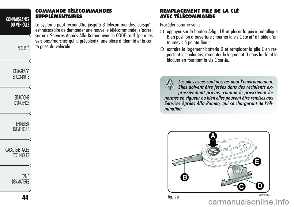 Alfa Romeo Giulietta 2012 Notice dentretien (in French) 44
CONNAISSANCE
DU VÉHICULE
SÉCURITÉ
DÉMARRAGE
ET CONDUITE
SITUATIONS
D’URGENCE
ENTRETIEN
DU VÉHICULE
CARACTÉRISTIQUES
TECHNIQUES
TABLE
DES MATIÈRES
COMMANDE TÉLÉCOMMANDES
SUPPLÉMENTAIRES Alfa Romeo Giulietta 2012 Notice dentretien (in French) 44
CONNAISSANCE
DU VÉHICULE
SÉCURITÉ
DÉMARRAGE
ET CONDUITE
SITUATIONS
D’URGENCE
ENTRETIEN
DU VÉHICULE
CARACTÉRISTIQUES
TECHNIQUES
TABLE
DES MATIÈRES
COMMANDE TÉLÉCOMMANDES
SUPPLÉMENTAIRES