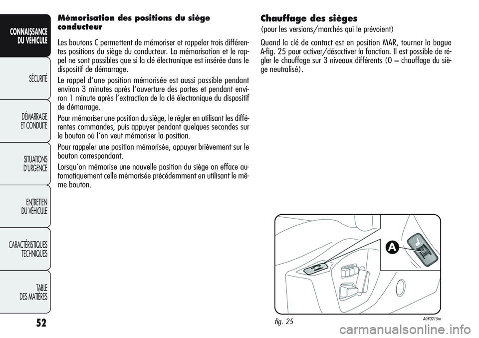 Alfa Romeo Giulietta 2012 Notice dentretien (in French) 52
CONNAISSANCE
DU VÉHICULE
SÉCURITÉ
DÉMARRAGE
ET CONDUITE
SITUATIONS
D’URGENCE
ENTRETIEN
DU VÉHICULE
CARACTÉRISTIQUES
TECHNIQUES
TABLE
DES MATIÈRES
Chauffage des sièges
(pour les versions Alfa Romeo Giulietta 2012 Notice dentretien (in French) 52
CONNAISSANCE
DU VÉHICULE
SÉCURITÉ
DÉMARRAGE
ET CONDUITE
SITUATIONS
D’URGENCE
ENTRETIEN
DU VÉHICULE
CARACTÉRISTIQUES
TECHNIQUES
TABLE
DES MATIÈRES
Chauffage des sièges
(pour les versions