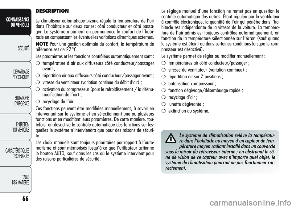 Alfa Romeo Giulietta 2012 Notice dentretien (in French) 66
CONNAISSANCE
DU VÉHICULE
SÉCURITÉ
DÉMARRAGE
ET CONDUITE
SITUATIONS
D’URGENCE
ENTRETIEN
DU VÉHICULE
CARACTÉRISTIQUES
TECHNIQUES
TABLE
DES MATIÈRES
Le réglage manuel d’une fonction ne re Alfa Romeo Giulietta 2012 Notice dentretien (in French) 66
CONNAISSANCE
DU VÉHICULE
SÉCURITÉ
DÉMARRAGE
ET CONDUITE
SITUATIONS
D’URGENCE
ENTRETIEN
DU VÉHICULE
CARACTÉRISTIQUES
TECHNIQUES
TABLE
DES MATIÈRES
Le réglage manuel d’une fonction ne re