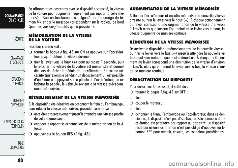 Alfa Romeo Giulietta 2012  Notice dentretien (in French) 80
CONNAISSANCE
DU VÉHICULE
SÉCURITÉ
DÉMARRAGE
ET CONDUITE
SITUATIONS 
D’URGENCE
ENTRETIEN
DU VÉHICULE
CARACTÉRISTIQUES
TECHNIQUES
TABLE
DES MATIÈRES
AUGMENTATION DE LA VITESSE MÉMORISÉE
Ac