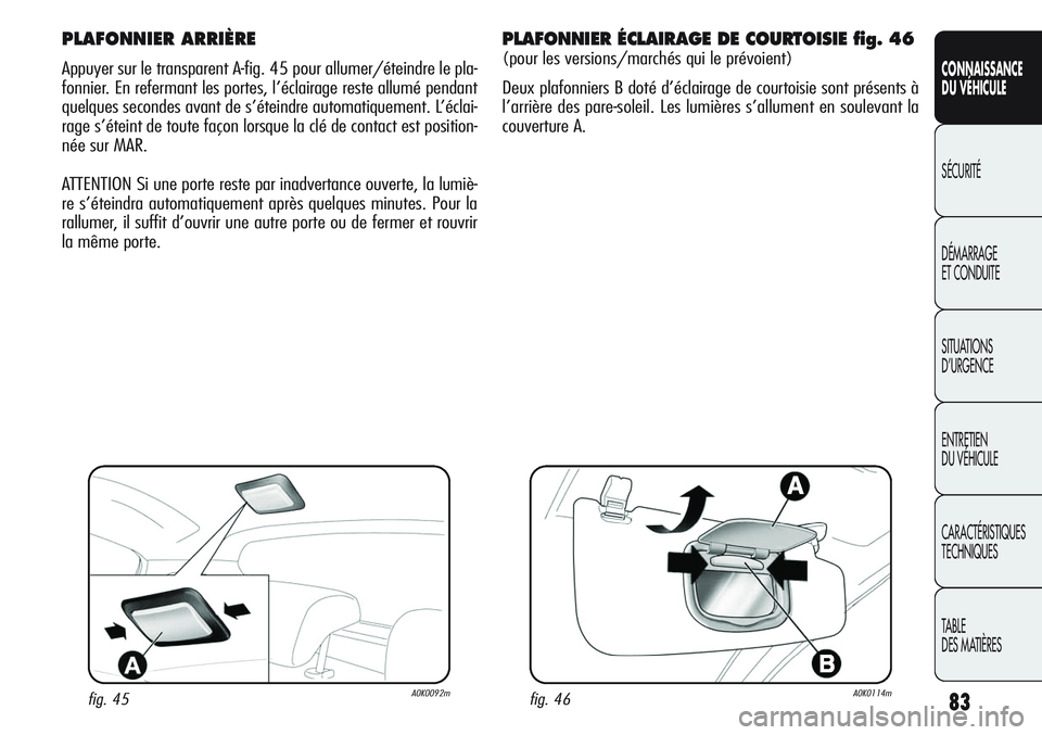 Alfa Romeo Giulietta 2012  Notice dentretien (in French) 83
CONNAISSANCE
DU VÉHICULE
SÉCURITÉ
DÉMARRAGE
ET CONDUITE
SITUATIONS 
D’URGENCE
ENTRETIEN
DU VÉHICULE
CARACTÉRISTIQUES
TECHNIQUES
TABLE
DES MATIÈRES
PLAFONNIER ARRIÈRE
Appuyer sur le transp