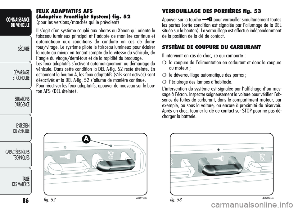 Alfa Romeo Giulietta 2012  Notice dentretien (in French) 86
CONNAISSANCE
DU VÉHICULE
SÉCURITÉ
DÉMARRAGE
ET CONDUITE
SITUATIONS 
D’URGENCE
ENTRETIEN
DU VÉHICULE
CARACTÉRISTIQUES
TECHNIQUES
TABLE
DES MATIÈRES
FEUX ADAPTATIFS AFS 
(Adaptive Frontlight