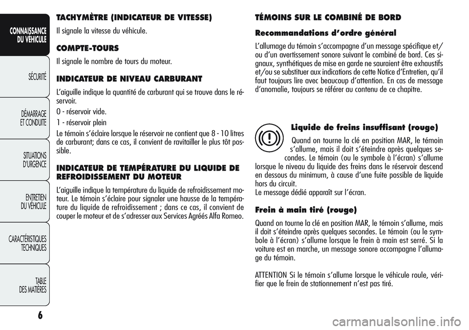 Alfa Romeo Giulietta 2012  Notice dentretien (in French) 6
CONNAISSANCE
DU VÉHICULE
SÉCURITÉ
DÉMARRAGE
ET CONDUITE
SITUATIONS 
D’URGENCE
ENTRETIEN
DU VÉHICULE
CARACTÉRISTIQUES
TECHNIQUES
TABLE
DES MATIÈRES
TACHYMÈTRE (INDICATEUR DE VITESSE) 
Il si